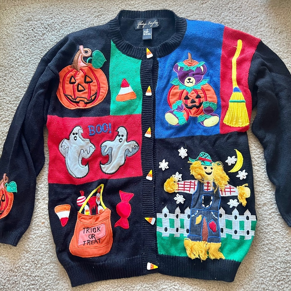 Halloween Sweater Gladys Bagley in Small Black, Orange, Royal Blue, Red, Yellow